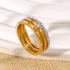 Women Stainless Steel Three-Piece Ring Set with Zircon 18K Gold-Plated MAR6